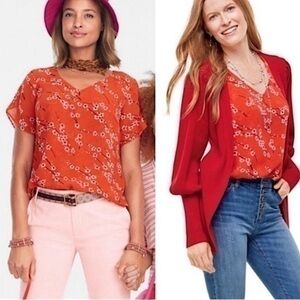 CAbi #5712 Cherry Blossom Orange Floral Short Sleeve Blouse​​